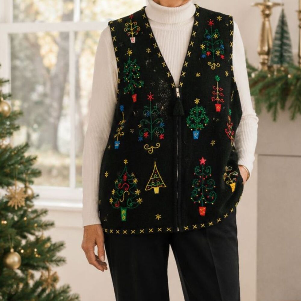 Vintage Erika Black Holiday Vest with Multicolored Embroidered Trees Size S
